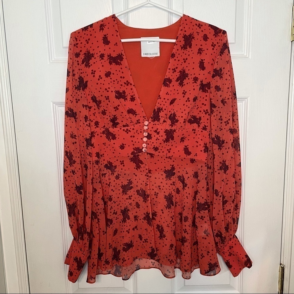 𝅺c/meo Collective Flowy Coral orange floral Long sleeve Blouse Small